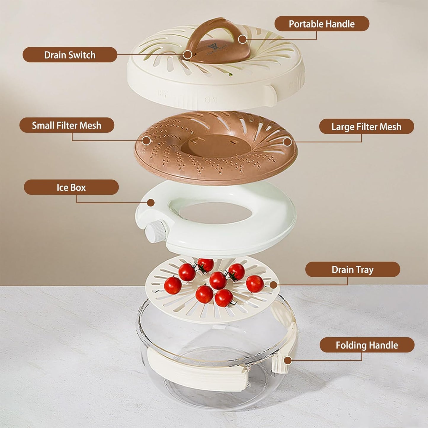 Fruit Washing Bowl with Strainer - Fruit Washer Drain Basket with Foldable Handle and Ice Box, 2 in 1 Vegetable Cleaning Colander, Multifunctional Fridge Storage Container for Kitchen Picnic