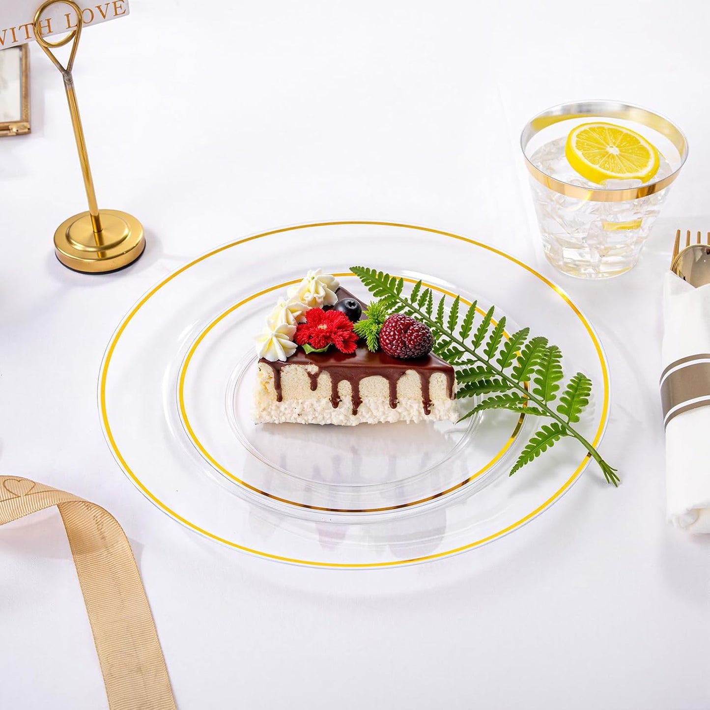 SUT 175 Pcs Gold and Clear Plastic Dinnerware Set for 25 Guests, Include: 25 Dinner Plates, 25 Dessert Plates, 25 Pre Rolled Napkins With Silverware, 25 Cups, Disposable Plates for Party, Wedding