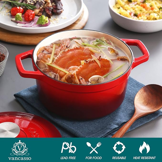 vancasso Enameled Cast Iron Dutch Oven with Lid, 3.5 QT Small Round Enamel Dutch Oven Pot for Bread Baking, Non Stick Enamel Coating, Red