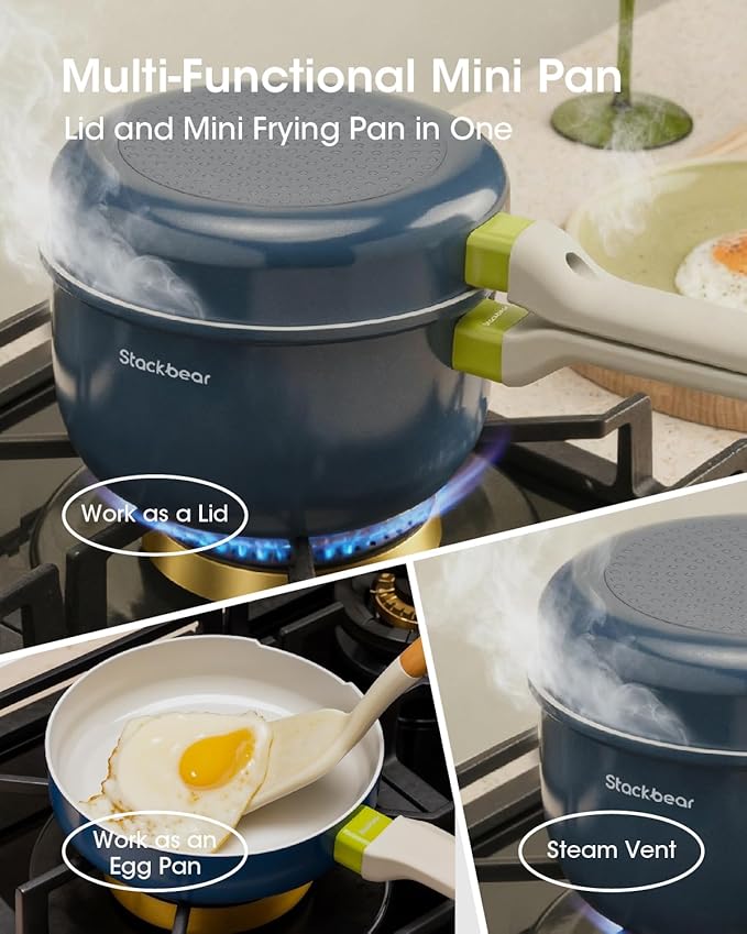 Ceramic Non Stick Sauce & Frying Pan Set, 2.5QT Saucepan, 7" Egg Omelette Pan & 18/10 Stainless Steel Steamer, Induction Cookware Set for Quick Meals, PTFE, PFOA & PFAS Free, Light Blue