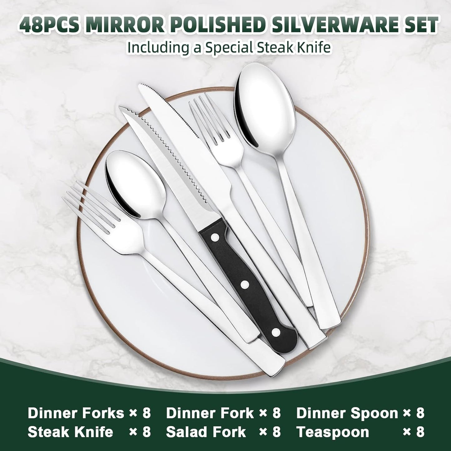 48-Piece Silverware Set, CEKEE Stainless Steel Flatware Set for 8 with Steak Knives, Mirror Polished Kitchen Utensils Set, Tableware Cutlery Set for Home, Dishwasher Safe - Spoons and Forks Set