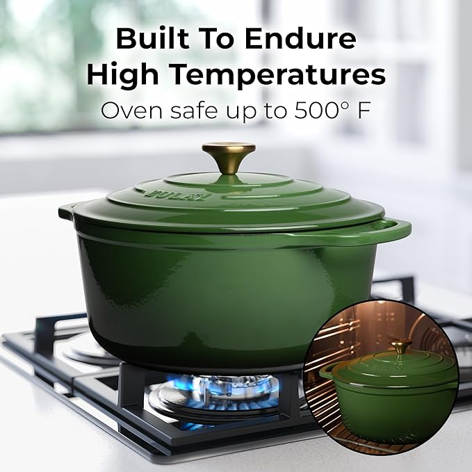 Zulay Kitchen 5 Quart Enameled Cast Iron Dutch Oven Pot with Lid – Premium Durability & Oven Safe up to 500°F – Heavy Duty Cookware Perfect for Bread Baking, Stews, Braising & Roasting – Green