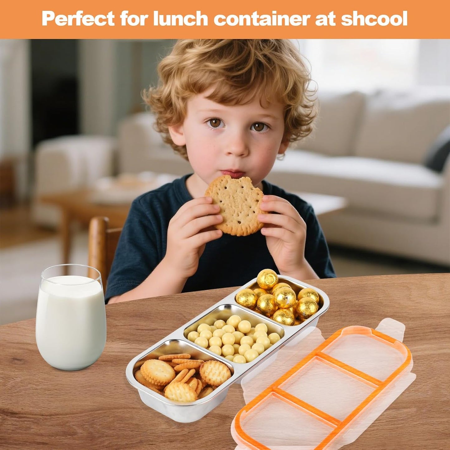 Stainless Steel Snack Containers with Lids, 3 Compartment Leakproof Reusable Snack Box for Nuts, Fruits- Divided Grab & Go Container for School, Office, Travel