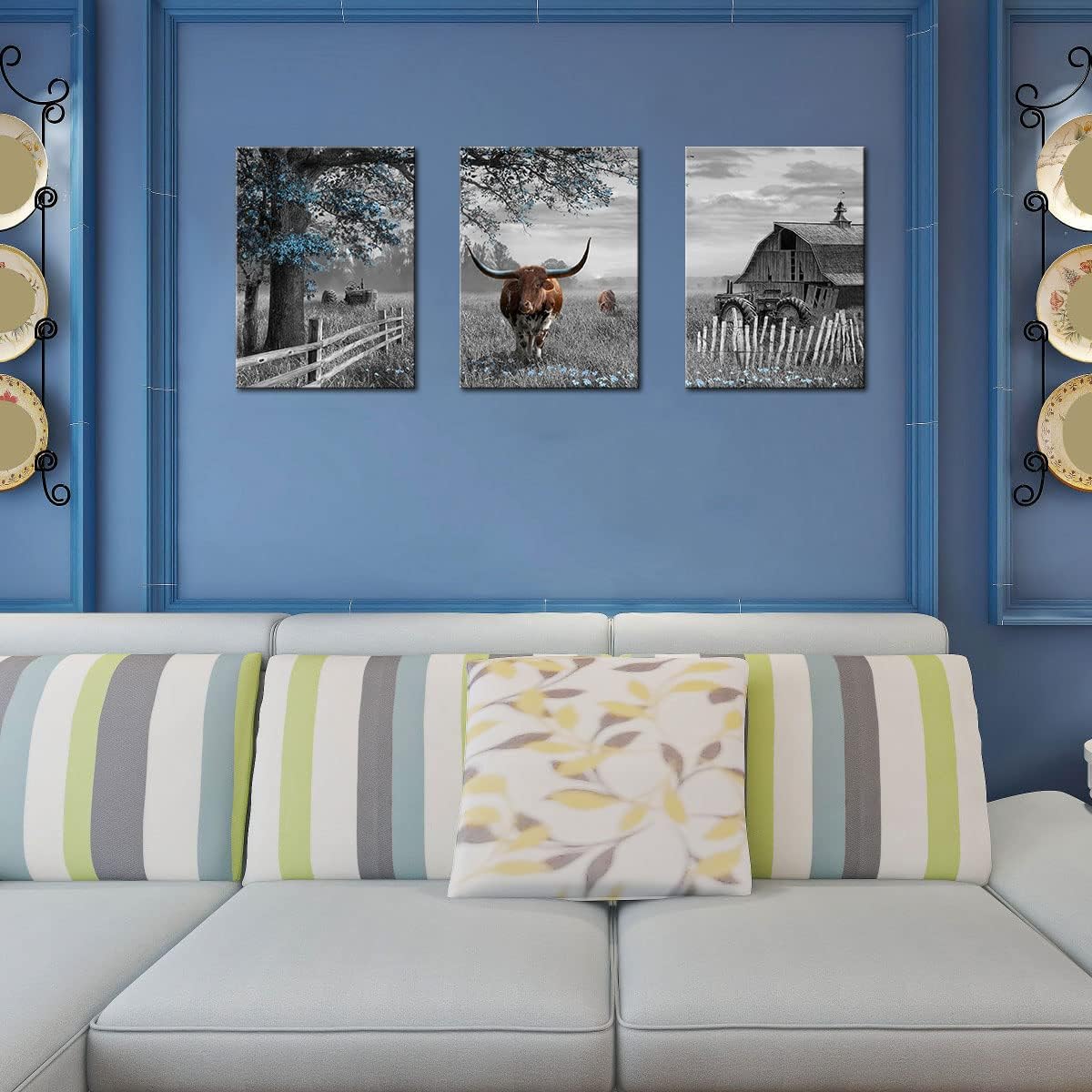 yiijeah Western Wall Decor - Rustic Blue Tree Brown Cow 3 Piece Wall Art - Farmhouse Black and White Picture Canvas Artwork for Walls - Field Scenery Wall Art
