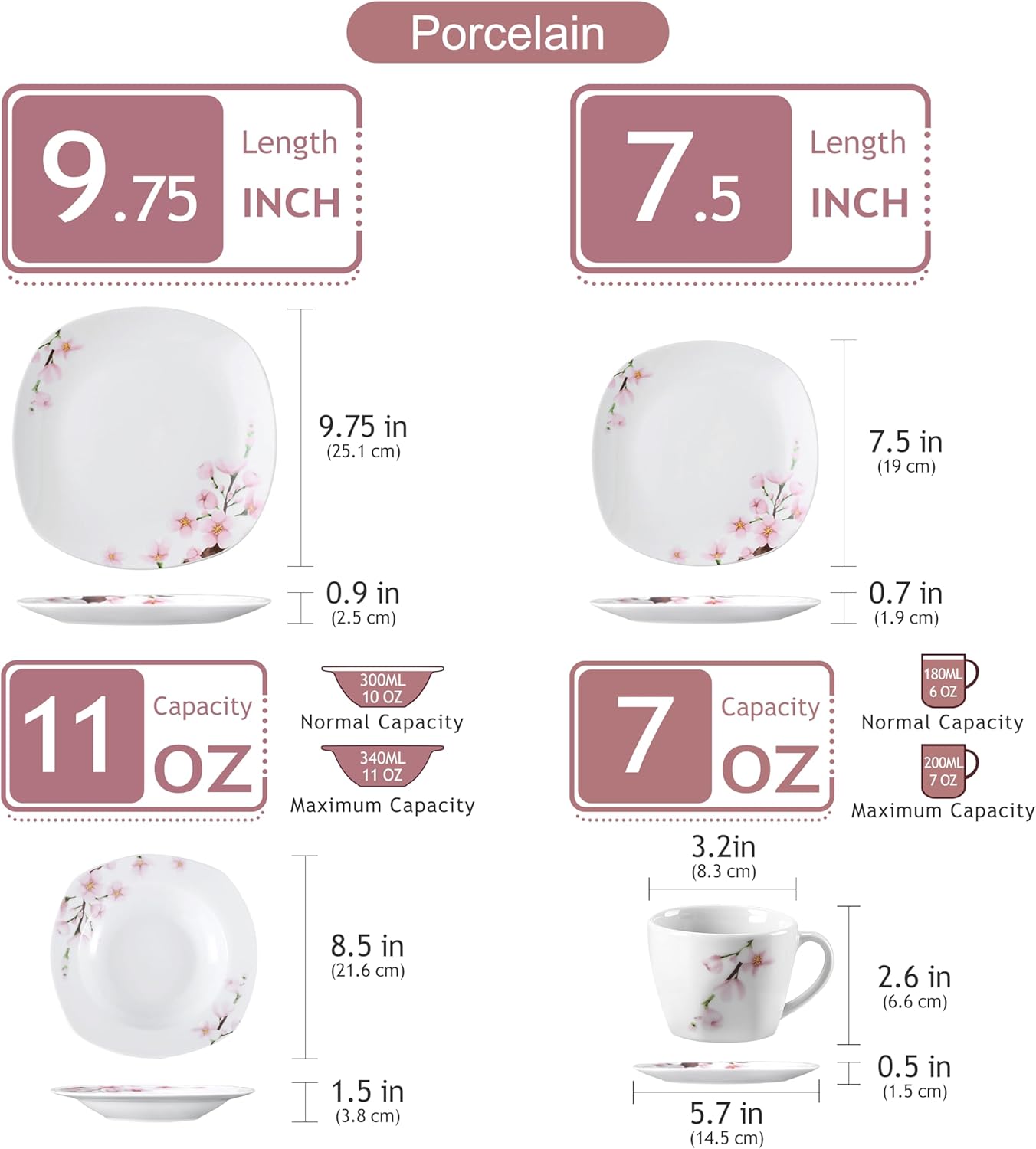 VEWEET Annie Porcelain Dinnerware for 6, 30-Piece Pink Floral Dish Set With Plates and Bowls Including Dinner, Dessert, Soup, Cups & Saucers