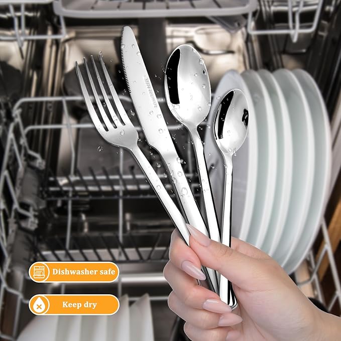 KOOMADE-Reverie 24 Piece Flatware Set Silverware Stainless Steel Flatware Utensils Cutlery Set Including Steak Knife Fork and Spoon for Home, Kitchen and Restaurant, Dishwasher Safe