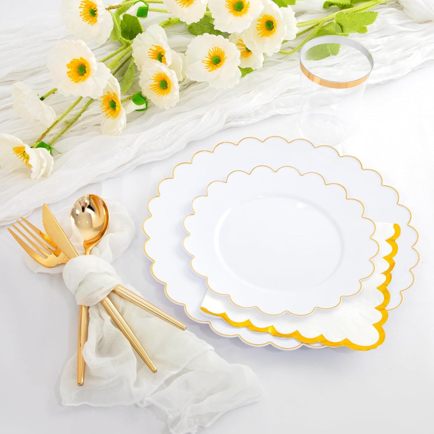 WONDERFUL 351pcs Upgrade White Plastic Plates - Plastic Dinnerware set with Fancy Gold Edges Includes 1 Table Runner 100 Disposable Plates 150 Silverware 50 Cups 50 Napkins for Wedding High End Party