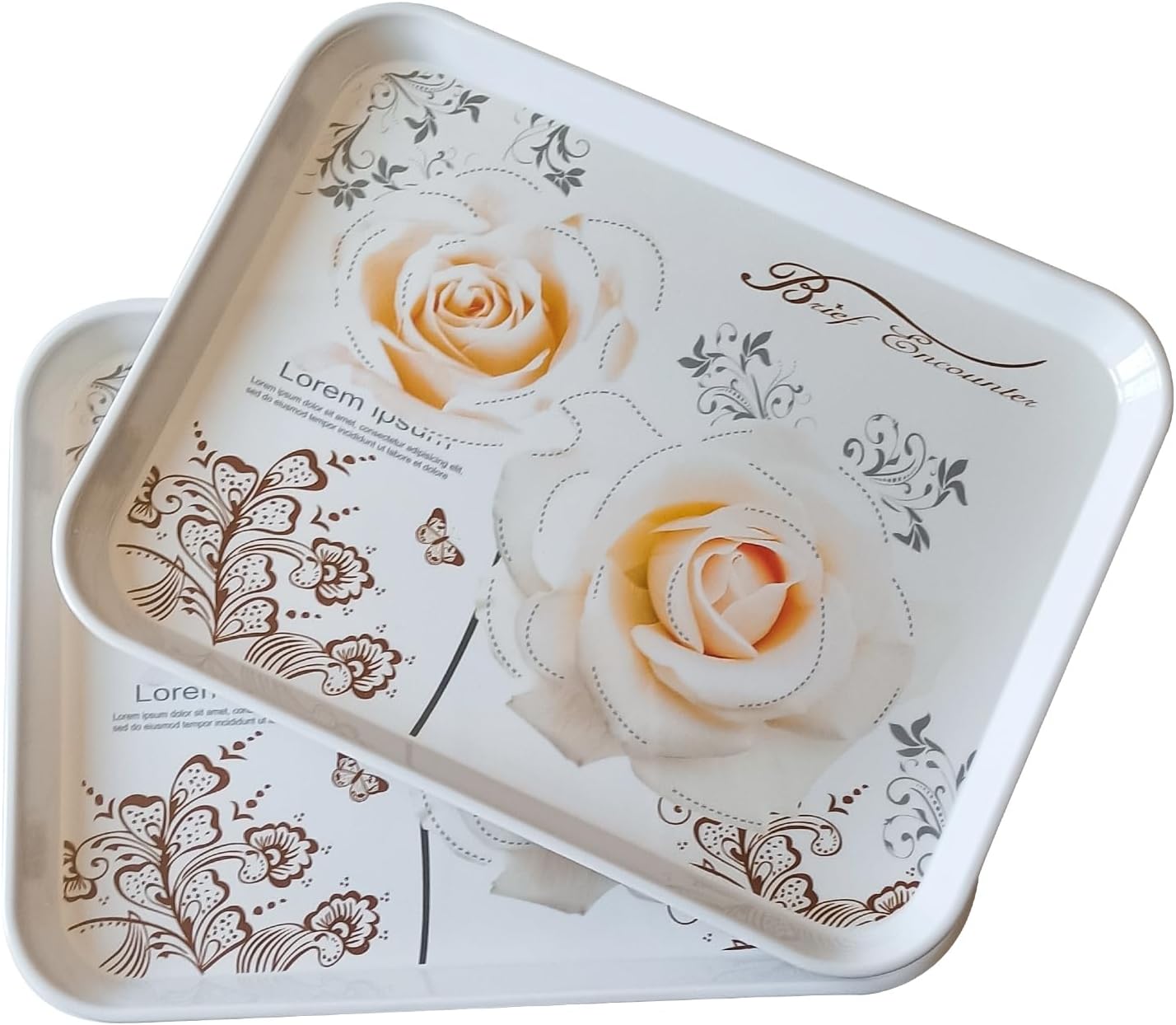 Large Serving Platter Melamine Trays 2 Pack Stackable Food Tray with Floral Print for Gift, Party, Decor, Home, Restaurant (Gold Rose, Large)