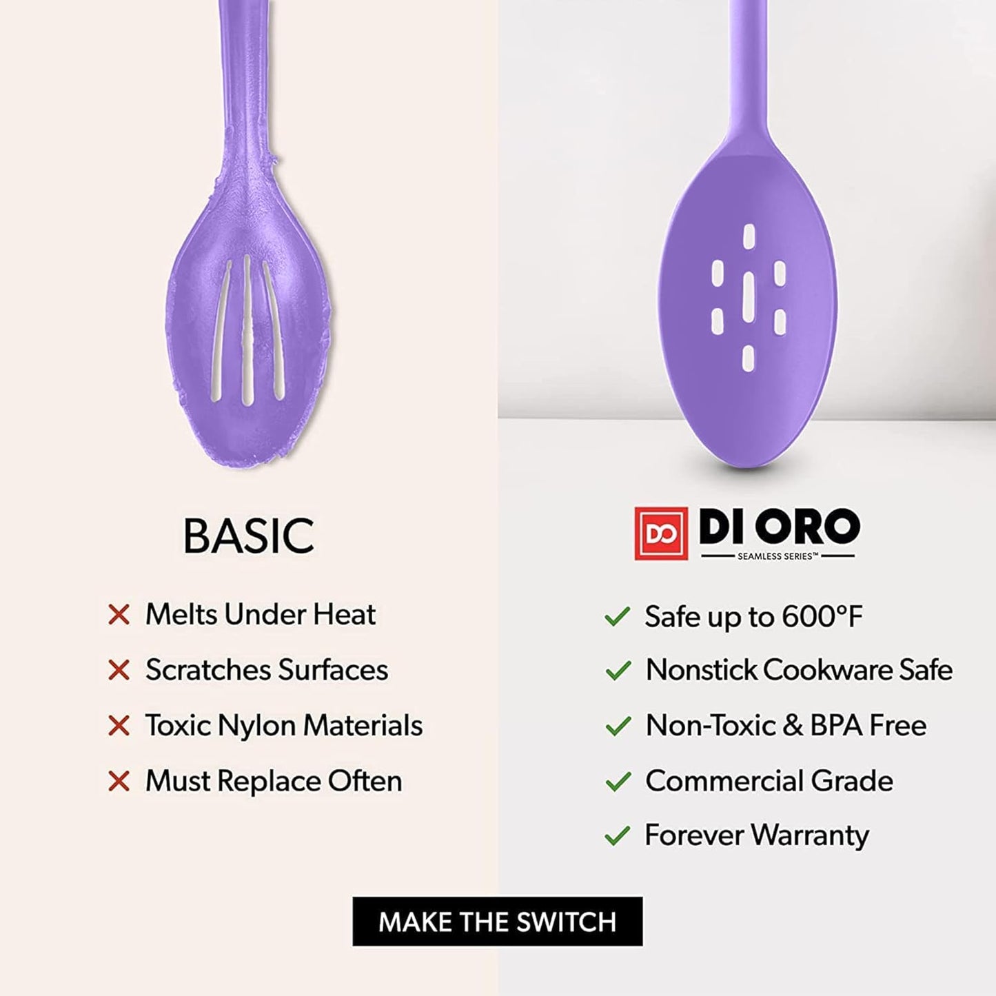 DI ORO Silicone Ladle & Spoons for Cooking – Large Kitchen Spoons for Mixing, Serving & Stirring - Soup Ladle with Wide Bowl - High Heat Silicone Kitchen Utensils for Nonstick Cookware Safe (Lavender)