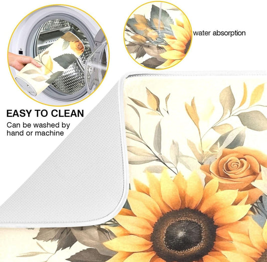 Sunflower Leaf Flower Dish Drying Mat for Kitchen Counter Absorbent Dish Drainer Mats Drying Pads 18"x24"