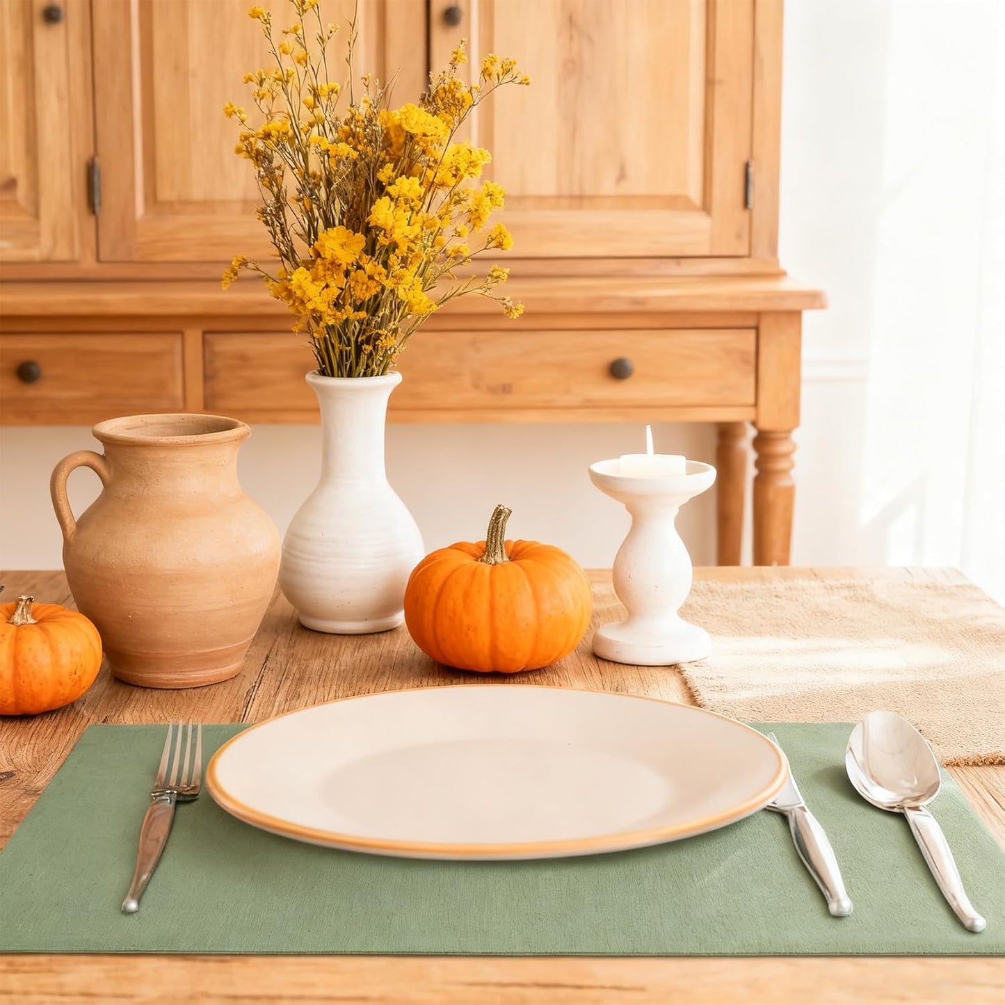 MANSPHIL Sage Green Fabric Placemats Set of 4 Washable Thick Faux Linen Table Place Mats Double Layer Fabric Wrinkle Free Dining Kitchen Table Decor - 13x19 Inch Oeko Tex Placemat