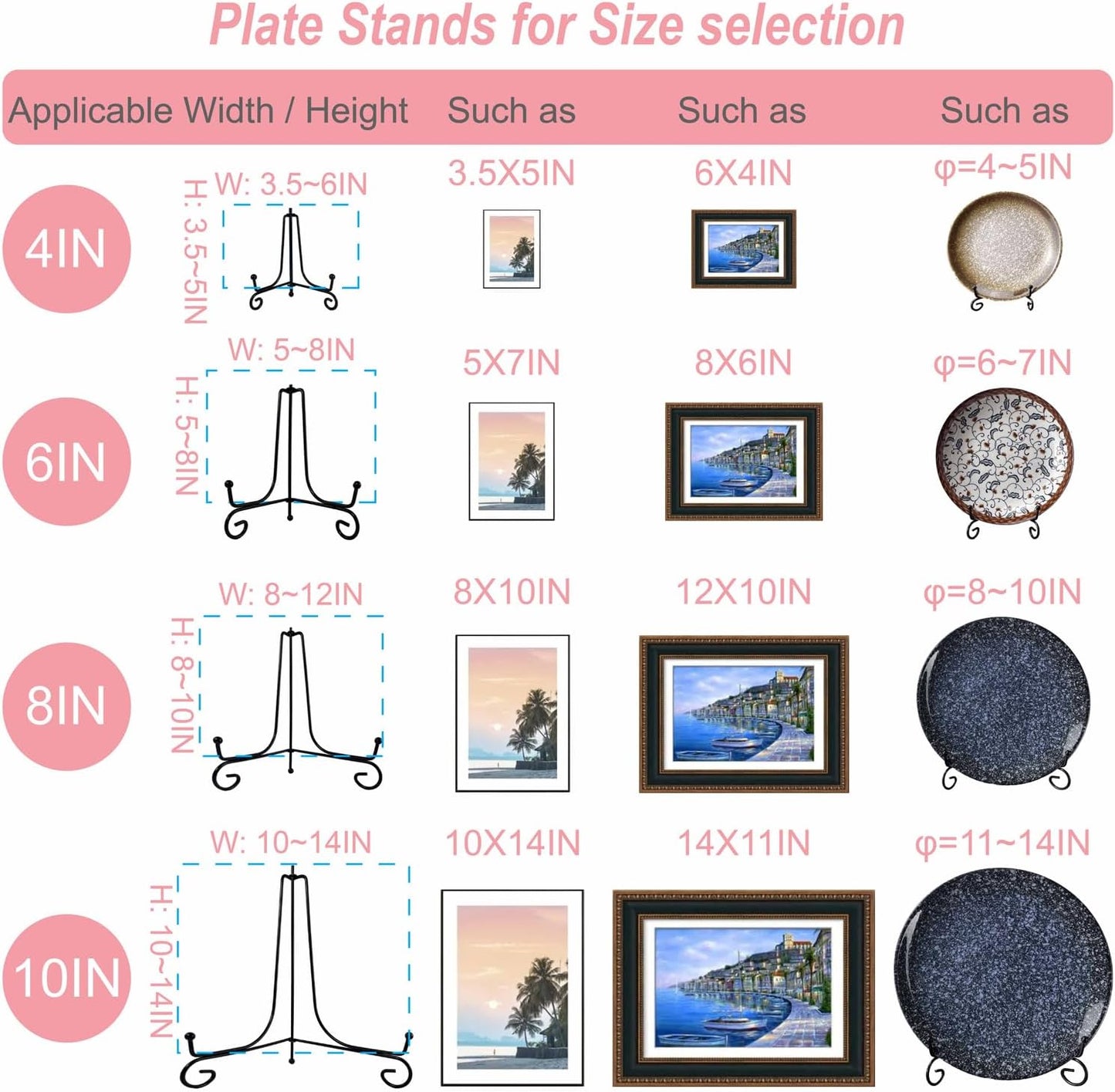 6PCS 3 Size Black Iron Plate Stands for Display - 4, 6, 8 Inch Decorative Metal Plate Holders - Mini Easel, Frame, Book, Card, Plaque, Bowl, Picture Display Stands