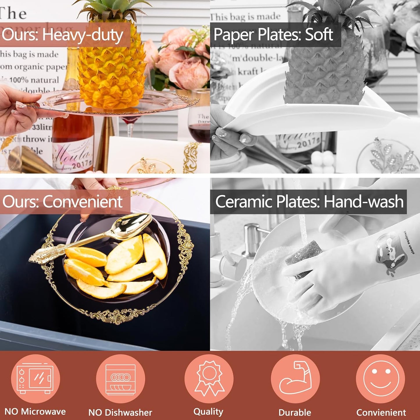 Hioasis 175pcs Burgundy and Gold Plastic Plates - Elegant Disposable Dinnerware Set Suitable for 25 Guests Include 10.25" Dinner & 7.5" Dessert Plates, Cutlery, Napkins, Cups for Party