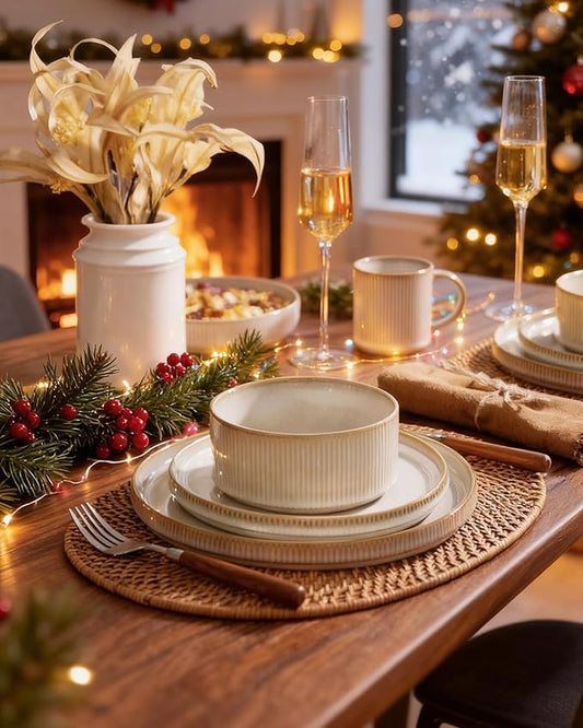 Famiware Star Dinnerware Set with Mugs, Service for 6 (24 Pieces), Ribbed Stoneware Plates and Bowls Dishes Sets - Chip & Scratch Resistant, Microwave & Dishwasher Safe, Cappuccino White