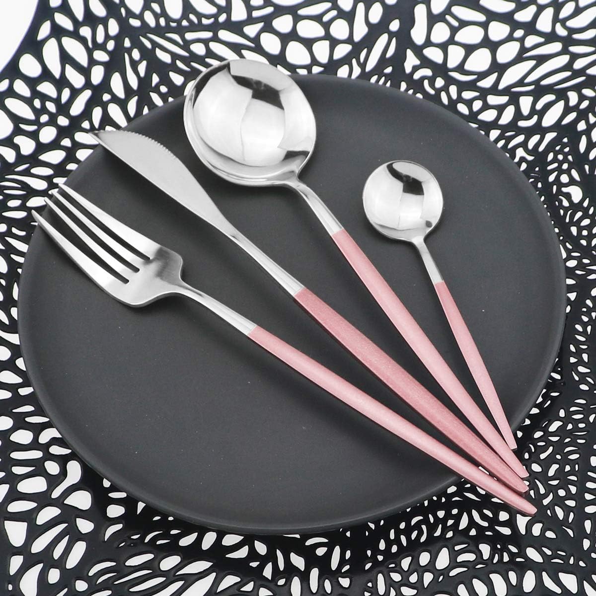 Mirror Silverware Set, 24-Piece Stainless Steel Shiny Flatware, Kitchen Utensil Set, Tableware Cutlery for Home and Restaurant, Dishwasher Safe (Pink Handle)