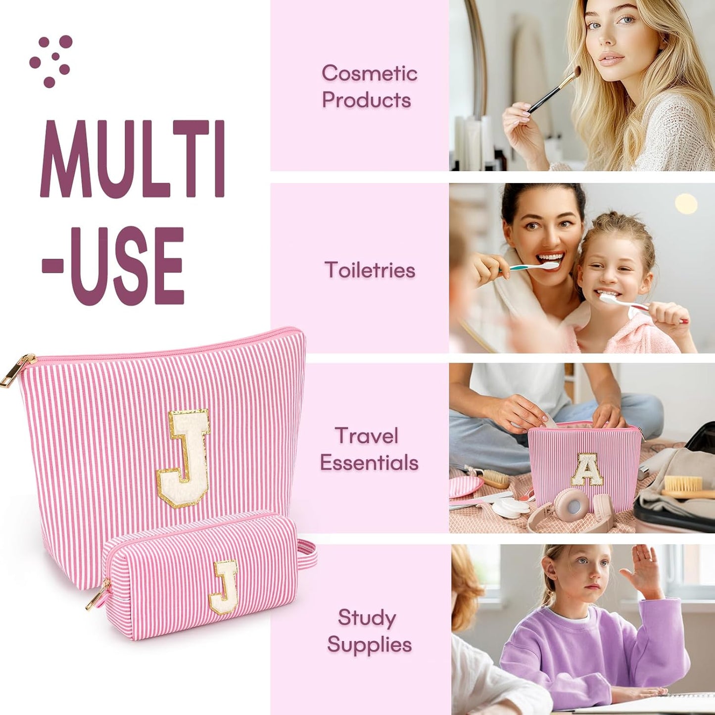 2 PCS Initial Makeup Bags for Women: Cosmetic Bag for Travel Toiletry - Birthday Gifts for 11 12 13 14 15 16 17 18 Years Old Girl Graduation Teacher Gift- Teen Girl Gifts Trendy Stuff - Pink J