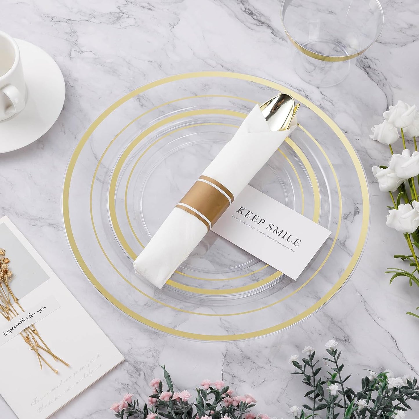 BESTVIP 350PCS Clear Gold Plastic Dinnerware Set for 50 Guests, Disposable Party Plate for Christmas and New Year,Halloween, Include: 100 Plastic Plates, 50 Pre Rolled Napkins with Silverware, 50 Cups