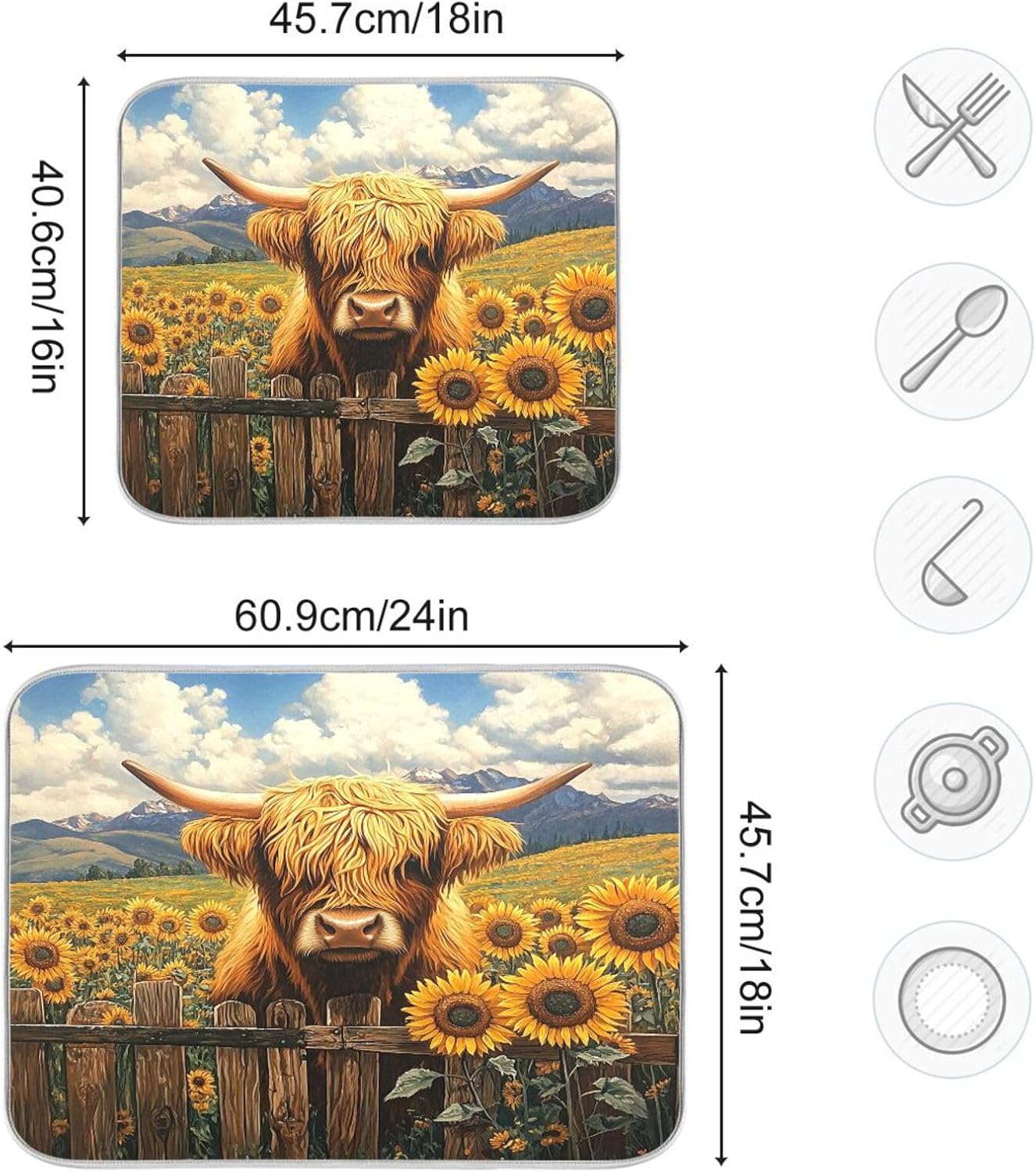 Highland Cow Sunflower Field Dish Drying Mat for Kitchen Counter Super Absorbent Dishes Pad Reversible Microfiber Protector Dish Draining Mats 16x18 inch