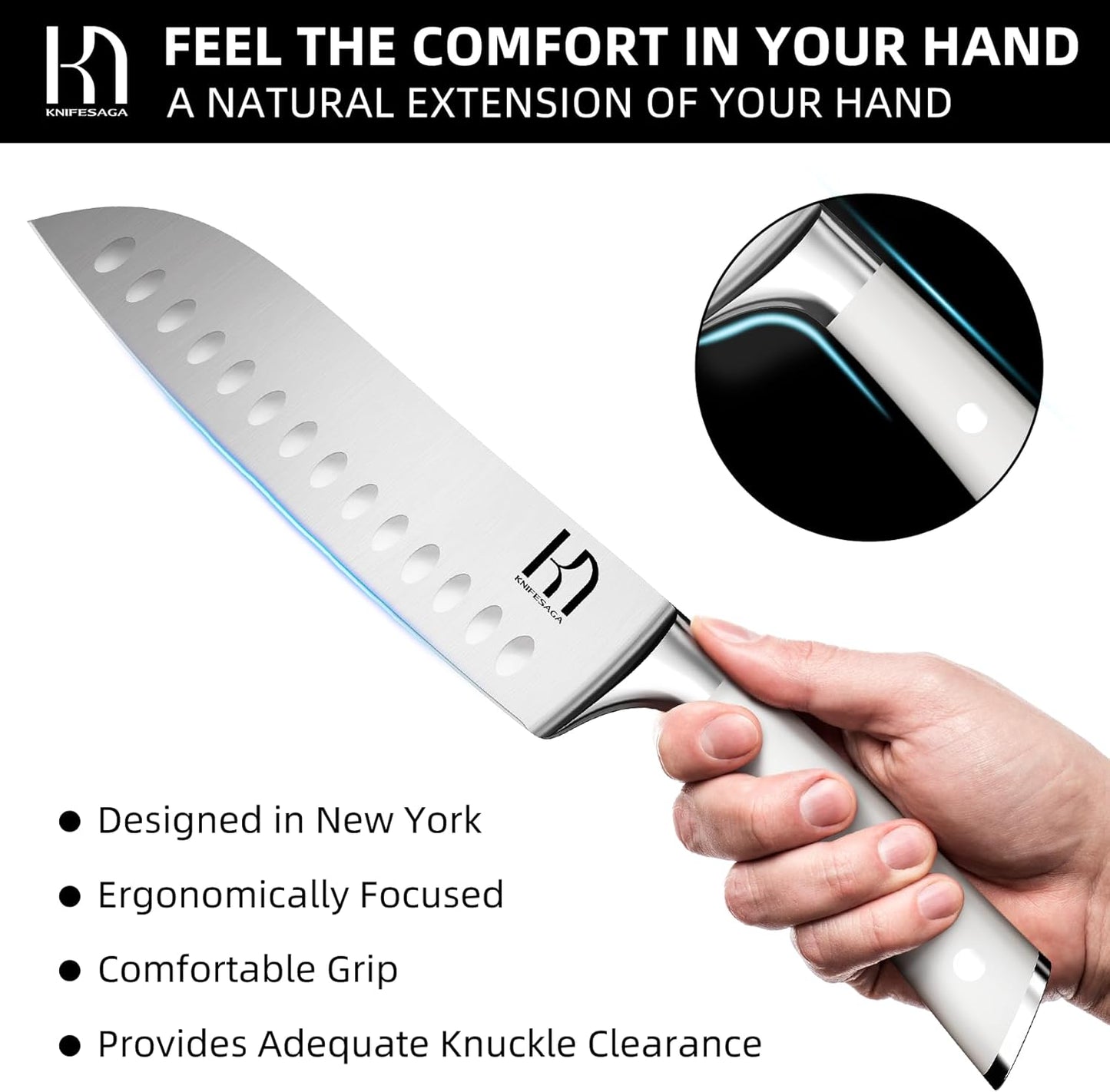 Santoku Knife 7 Inch, Japanese Professional Chef knife High Carbon Stainless Steel, Razor Sharp Chefs Kitchen Knife, Vegetable Chopping Knife for Cooking With Full-tang Handle, White