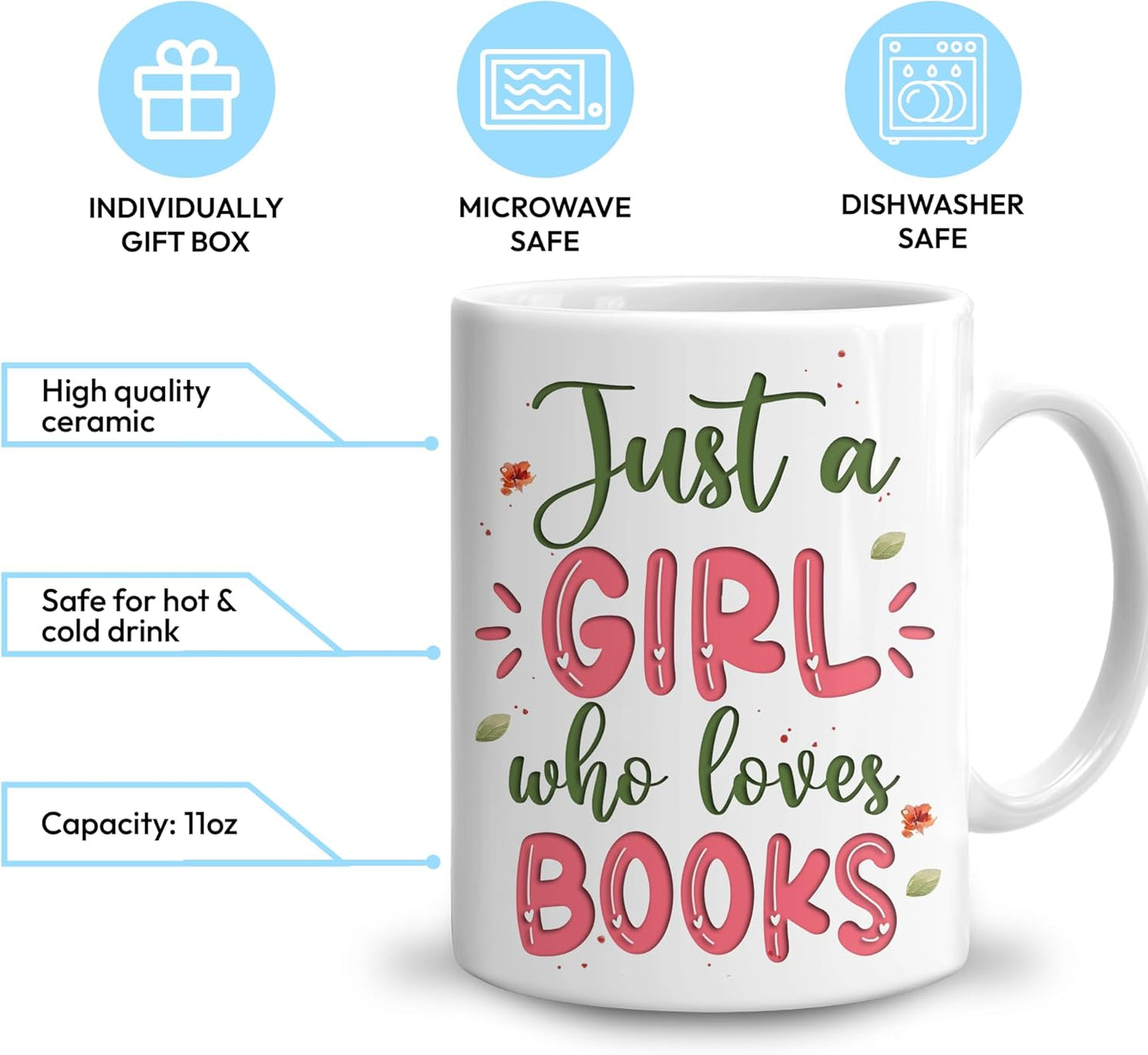 Hyturtle Personalized Gifts Book Lover - Just A Girl Who Loves Books Custom Name Ceramic Coffee Mug Cup 11oz - Reading Book Lovers Gifts For Women, Girl Daughter On Birthday, Christmas