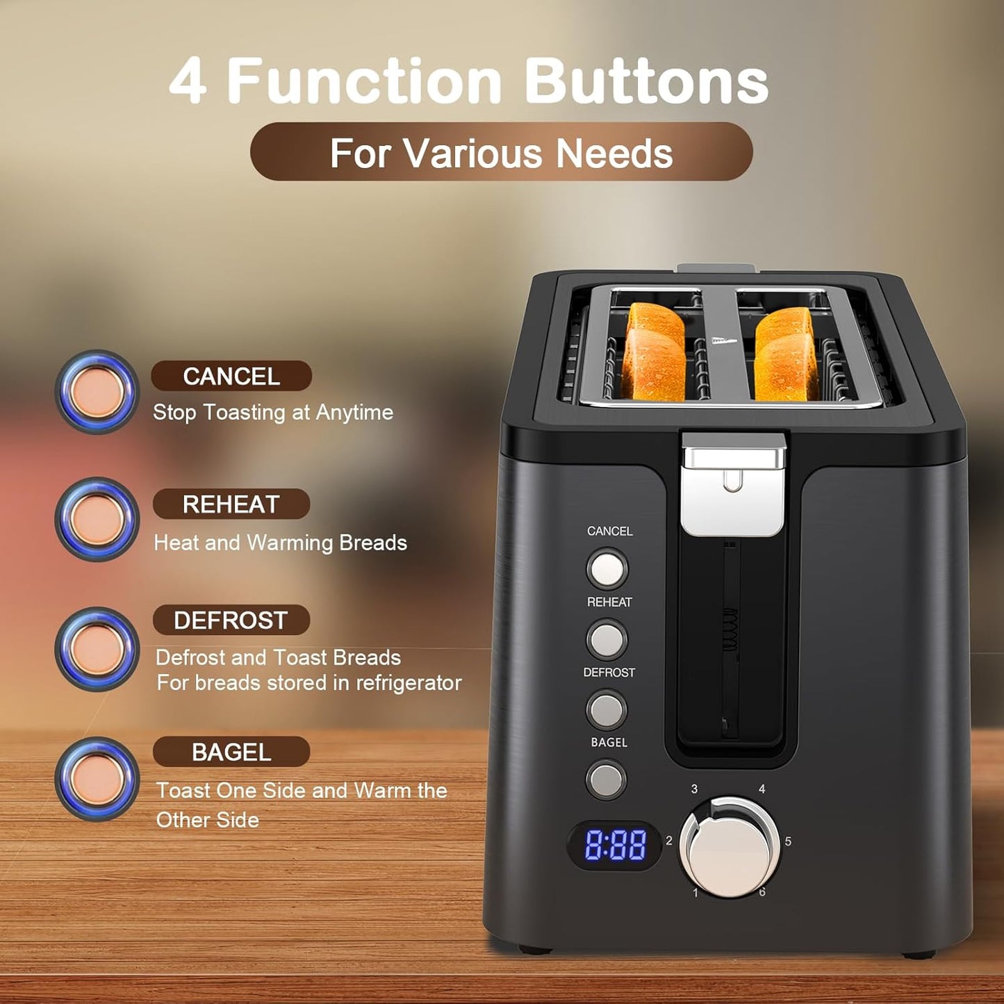 Mecity 4 Slice Toaster, Long Slot Toaster with Timer, Bagel, Defrost, Reheat, Cancel Functions, Warming Rack, Removable Tray, 6 Browning Settings, Extra Wide Slots, Stainless Steel, 1300W