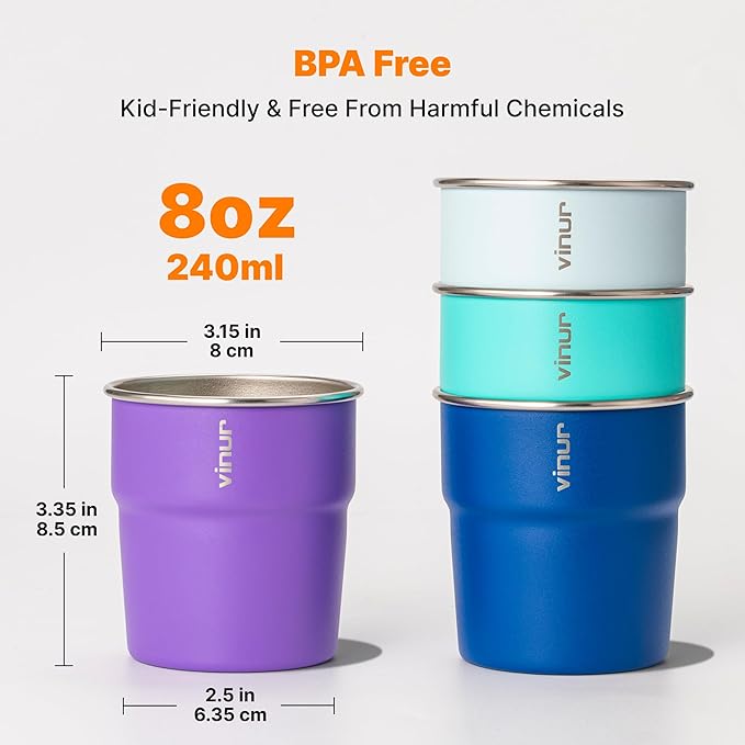 VINUR 8 oz Stainless Steel Cups Tumbler Stackable Metal Drinking Glasses for Travel, Camping, Outdoors, 4 Pack (Baby Blue-Navy-Teal-Purple)
