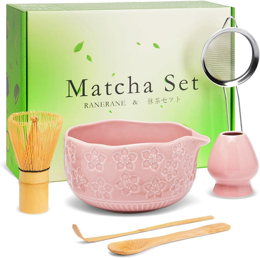 Matcha Whisk Set, Sakura Pink Ceramic Matcha Set Includes Matcha Bowl, Matcha Whisk (Chasen) and Holder, Sifter, Bamboo Scoop & Spoon - 6 Pcs Matcha Kit for Matcha Lovers