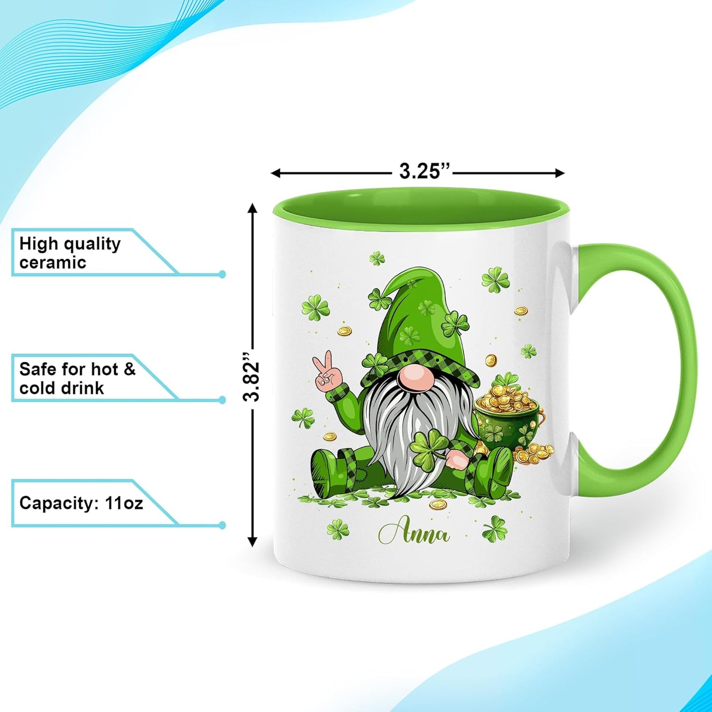 Hyturtle Personalized Gnome Mug - Cute Gnome Gift For Women - Lucky Gift For Gnome Lover - Gnome St. Patricks Day Decorations - Gnome Gifts - Custom Name Coffee Cup Ceramic Mug 11oz 15oz