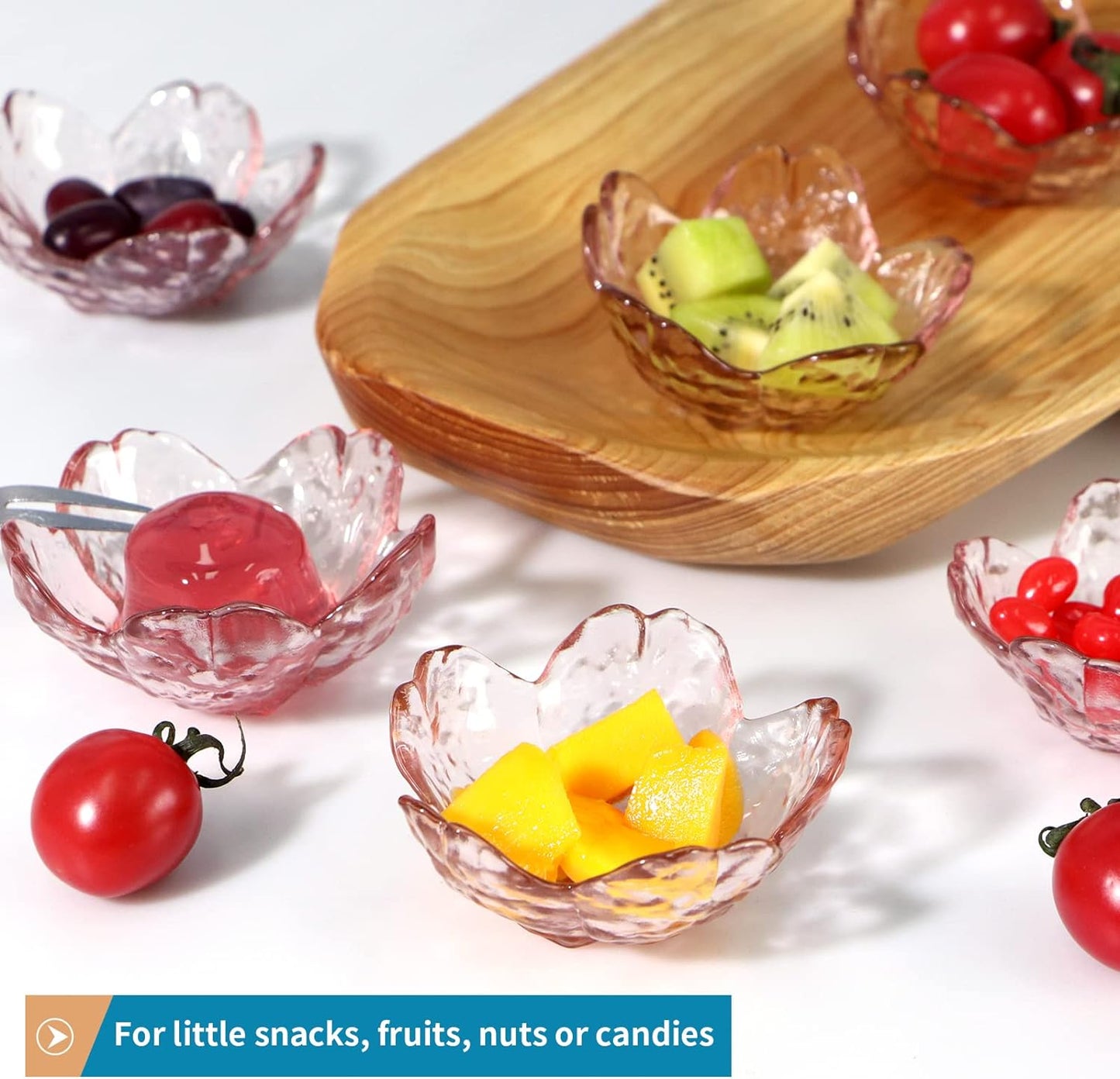 8 Pcs Glass Sakura Soy Sauce Dishes, Cute Mini Dessert Bowls, Stackable Tiny Appetizer Plates for Dips, Seasonings, Snacks, Fruits or Tea Bags, Small Candles, Trinkets (Pink)