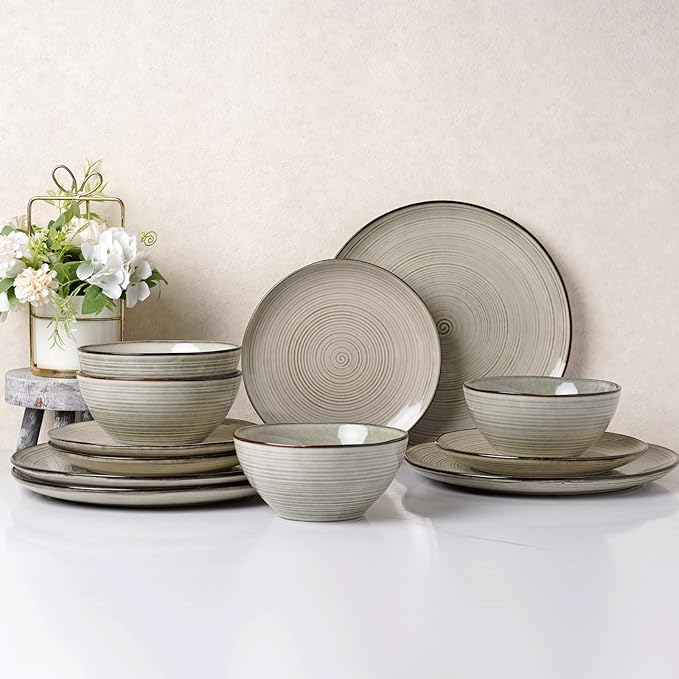 famiware Plates and Bowls Sets for 4, 12 Pieces Stoneware Dinnerware Sets, Dishes Set, Reactive Glaze Dishware Sets, Dishwasher & Microwave Safe, Tempus Series - Castle Wall