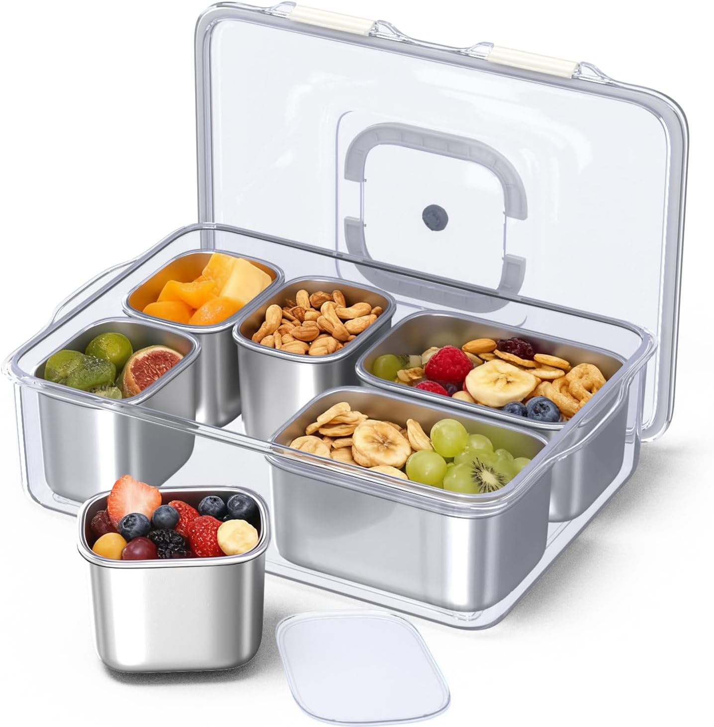 Stainless Steel Snack Containers with Lids, 6 Compartment Snacklebox, Portable Serving Snack Tray with Lid & Snack Organizer for Fruits, Nuts, Candy