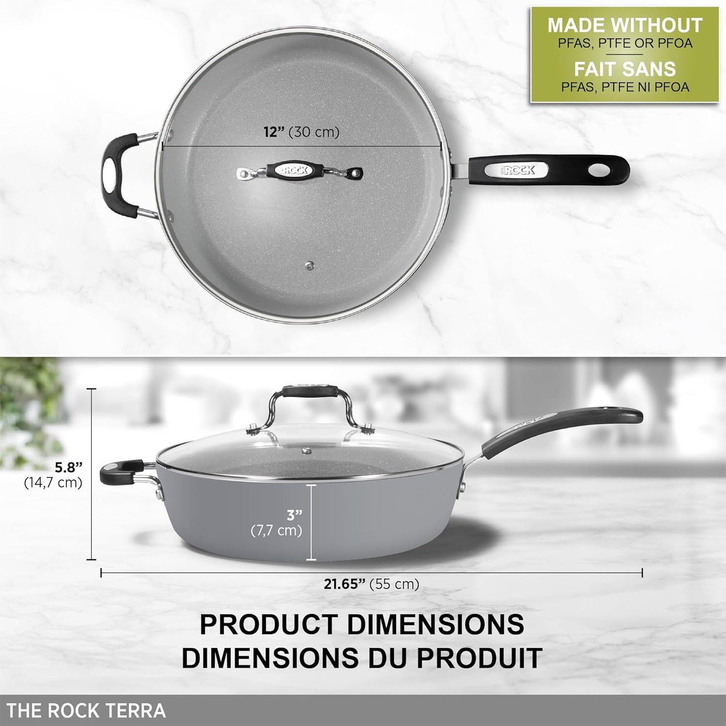 Starfrit The Rock Terra 30cm (12'') Ceramic Non-Stick Deep Fry Pan With Lid - Thick Aluminium Base - PFOA Free - Easy to Clean - Grey