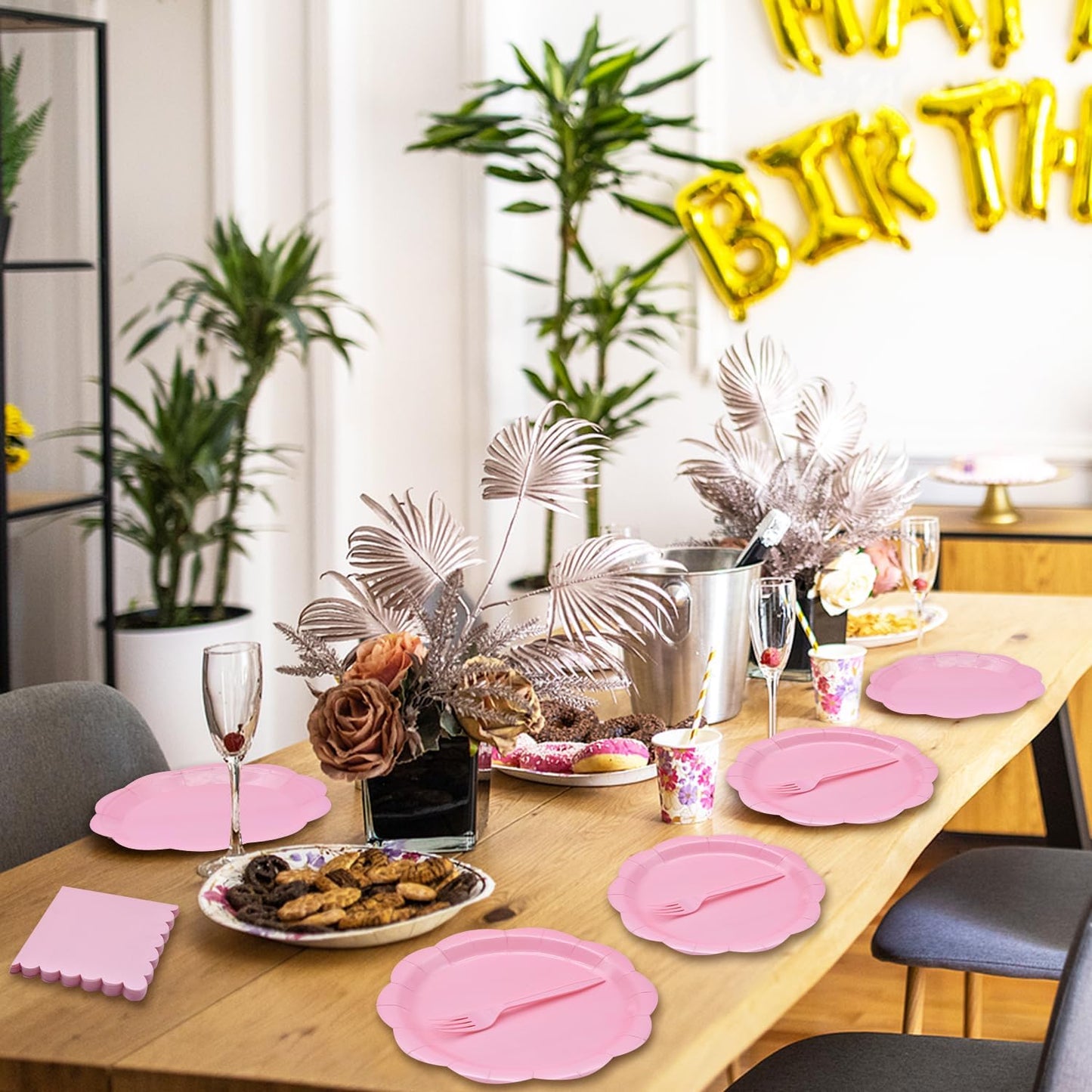 96 Pieces Pink Scalloped Tableware Set Party Supplies – Solid Color Disposable Dinnerware with Paper Plates, Napkins, and Forks for Girls Birthday, Baby Showers, Tea Parties – Serves 24