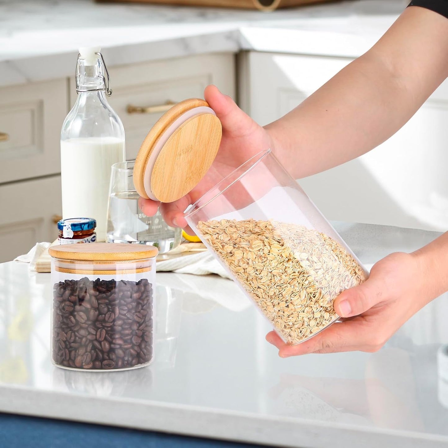 Glass Food Jars with Lids,31oz Glass Storage Containers with Airtight Bamboo Lids,Round Glass Canister Set of 4, Pantry Organizers and Storage for Cookie Flour Oat Pasta Tea Coffee Bean