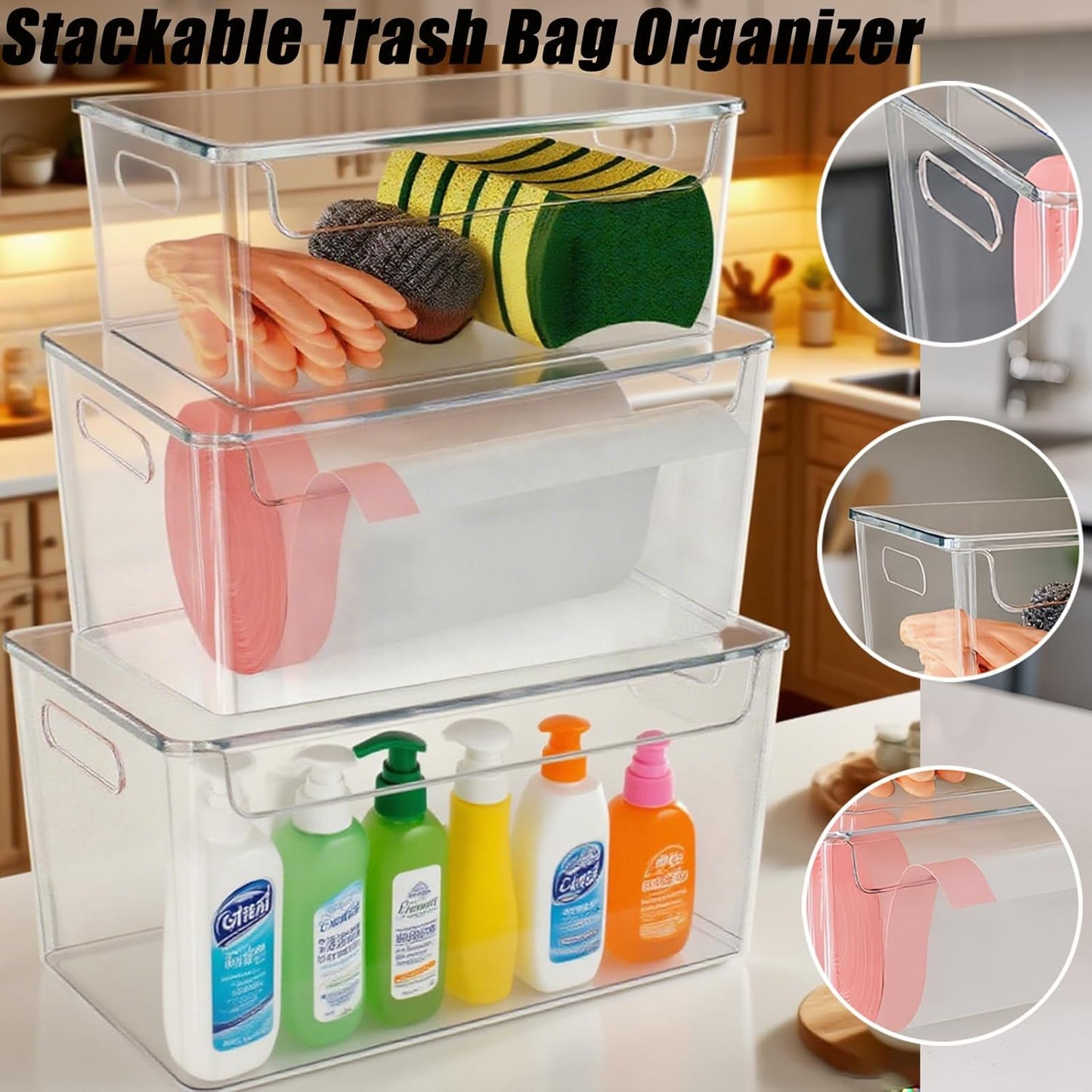 3 Pack Trash Bag Organizer Under Sink, Stackable Plastic Garbage Bags Holder with Lid, Trash Bag Dispenser Roll Storage for Kitchen, Pantry & Laundry Room Organization