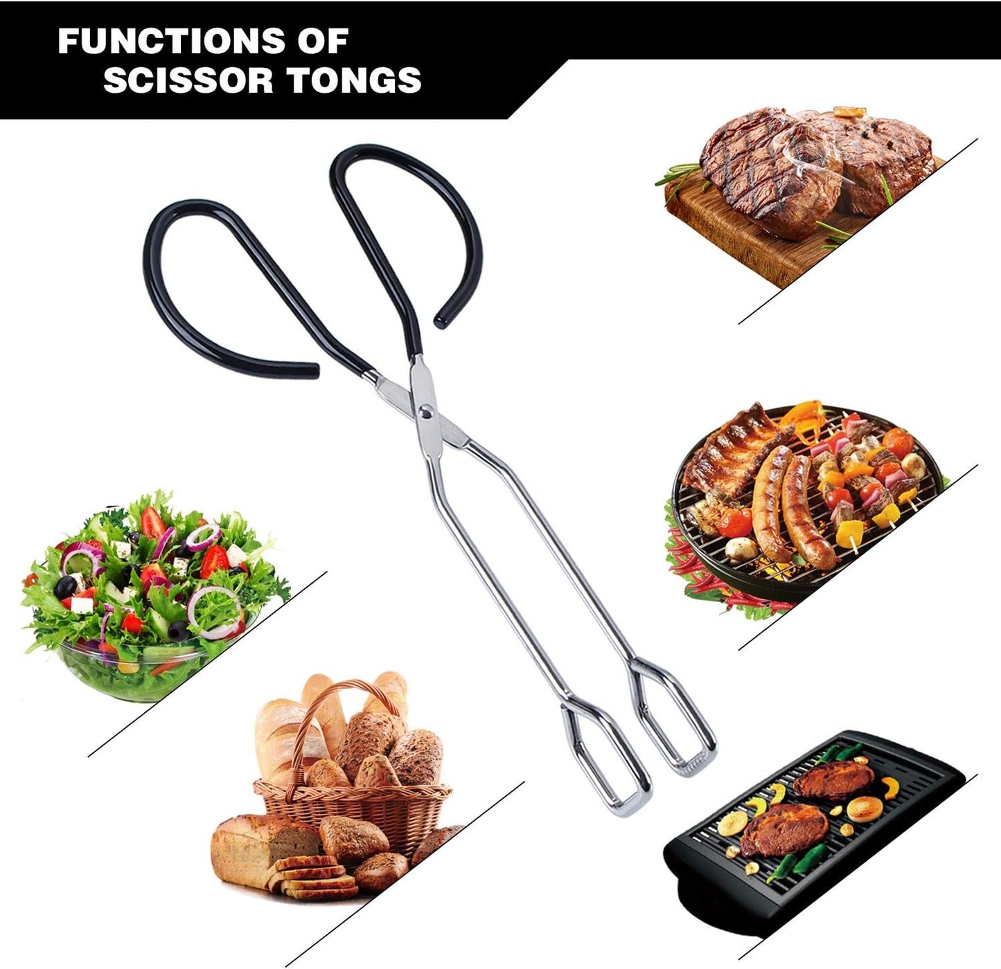 MSY BIGSUNNY Stainless Steel Scissor Tongs Heavy Duty Cooking Tongs with Soft Handles (1, black 10")