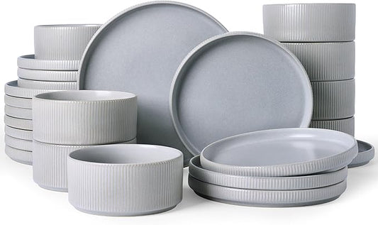 Famiware Star Dinnerware Set, Plates and Bowls Sets for 8 (24pcs), Ribbed Stoneware Dishes - Chip & Scratch Resistant, Microwave & Dishwasher Safe, Matte Gray