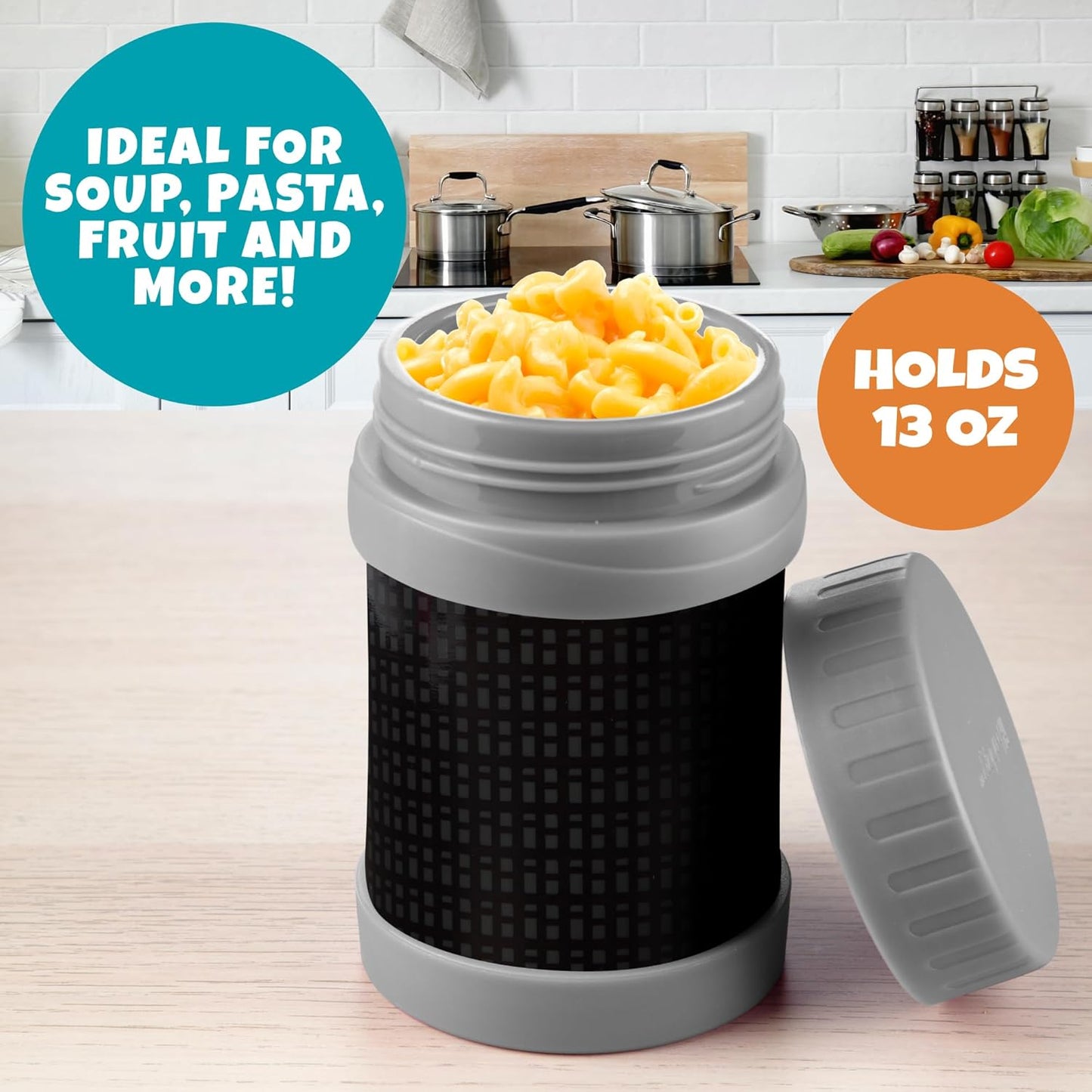 Bentology Stainless Steel Insulated Lunch 13 oz Jar for Kids –Large Leak-Proof Storage Container for Hot & Cold Food, Soups, Liquids - BPA Free - Fits Most Lunch Boxes and Bags - Black