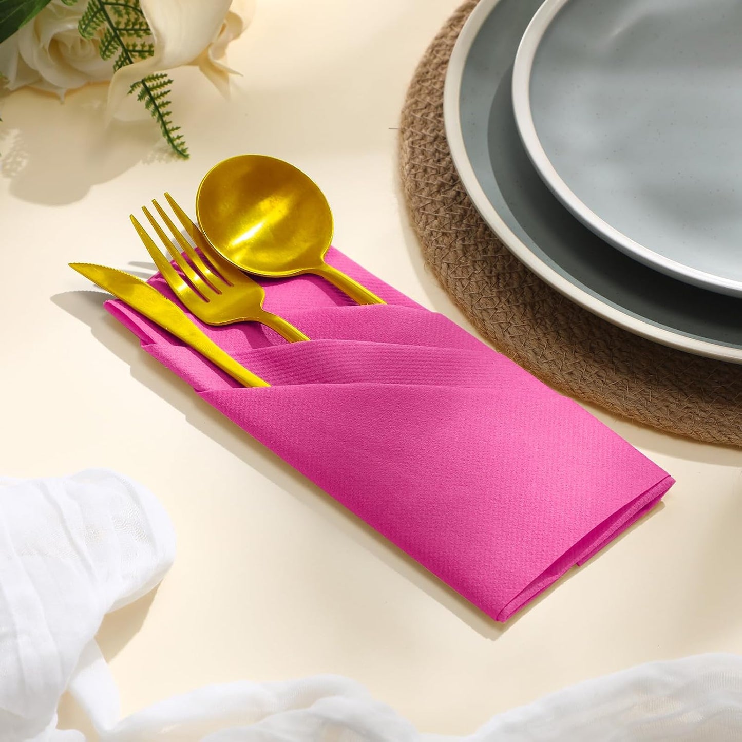 Qilery 50 Pcs Paper Linen Napkins Disposable Airlaid Paper Prefolded Dinner Napkins with Built in Flatware Pocket for Silverware Valentine Wedding Party Christmas Day (Hot Pink)