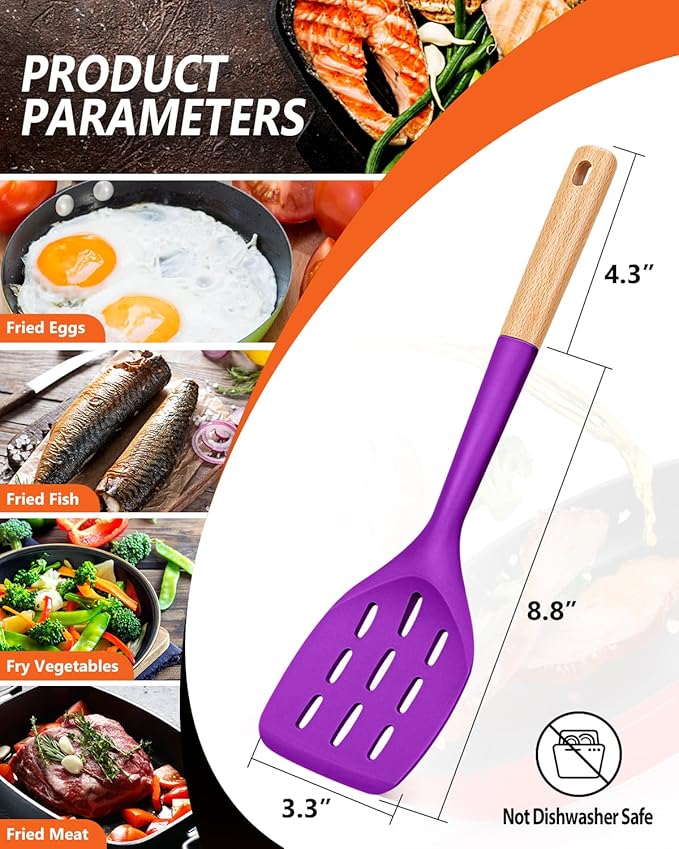 Pack of 2 Silicone Spatula, Non Stick Cooking Utensil Set, Wooden Handle Kitchen Turner for Baking Mixing Grilling Serving Food Heat Resistant (BERRY)