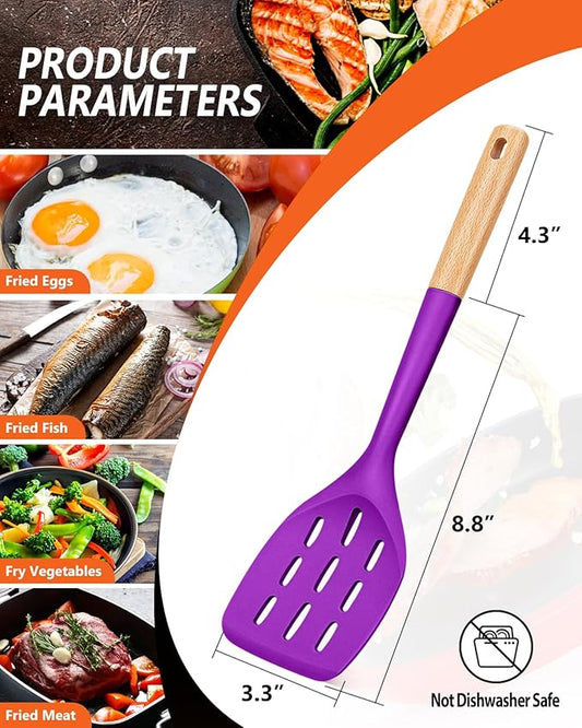 Pack of 2 Silicone Spatula, Non Stick Cooking Utensil Set, Wooden Handle Kitchen Turner for Baking Mixing Grilling Serving Food Heat Resistant (BERRY)