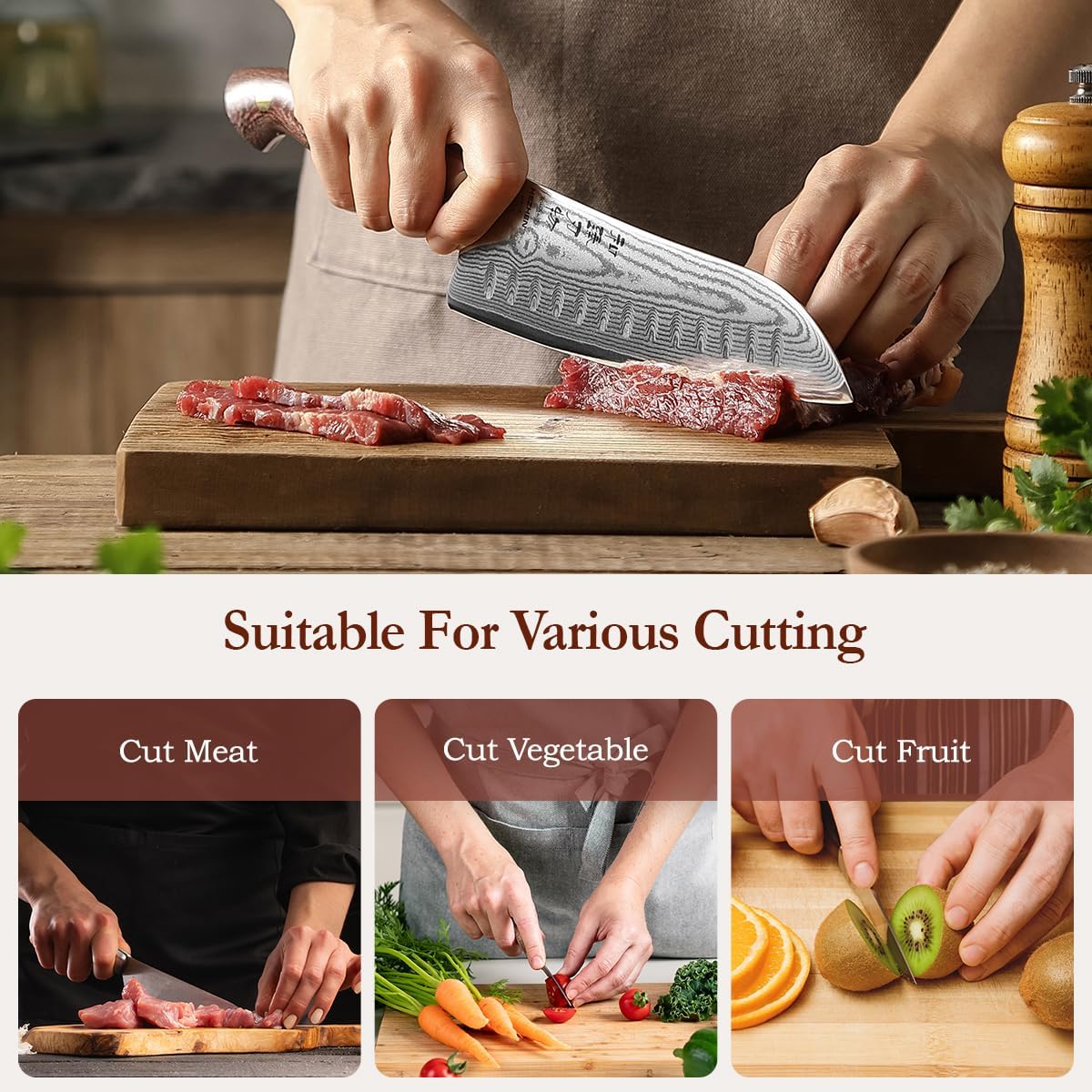 HEZHEN Santoku Knife with Wooden Sheath,7.3 Inches, 67 Layers Damascus Steel Kitchen Knife for Professional Chefs and Family, Micarta Handle,Gift Ready