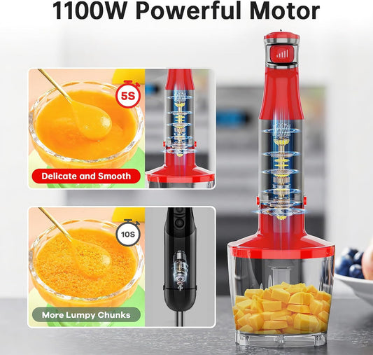 Immersion Blender Handheld Corded Hand Blenders Set 1100W, Trigger Variable Speed 5 in 1 Stick Emulsifier with Chopper, Whisk and Frother for Soup, Baby Food and Smoothies, Red