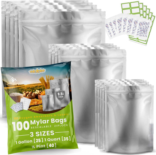100pcs Mylar Bags for Food Storage - Extra Thick 10 Mil - Includes Gallon/Quart/Pint Sizes with 400cc Oxygen Absorbers - Zip Resealable Storage Pouches - Bolsas Mylar
