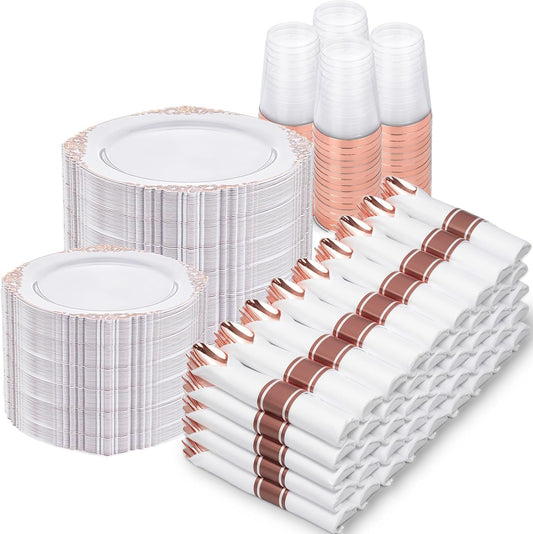Nervure 700PCS Rose Gold Plastic Plates - Rose Gold Plastic Dinnerware Sets for 100 Guests - 200 White Disposable Plates, 300 Silverware, 100 Cups, 100 Napkins for Wedding & Party