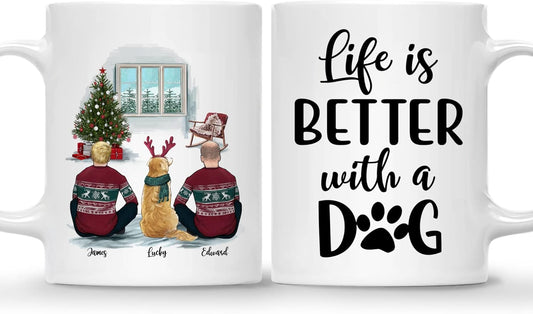 Gossby Personalized Dog Mug - Life is Better with a Dog (2 Men - Dog) - 11oz, 15oz White, Two-tone Ceramic Christmas Coffee Mugs for Dog dad - Personalized X-mas Dog Owner Gifts for Men