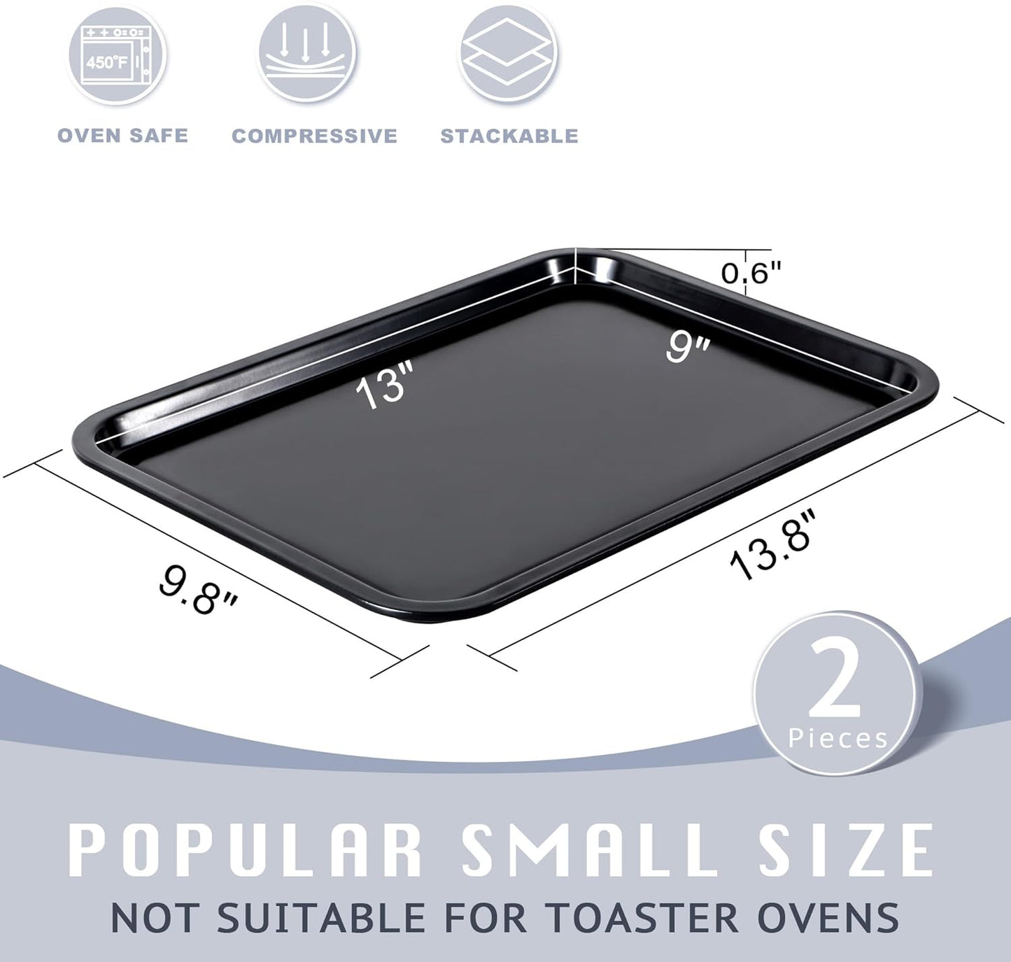HONGBAKE 2 Pack Quarter Sheet Pan for Baking - Nonstick 13.8 x 9.8 Small Cookie Sheet with Wider Grips, 27% Thicker Carbon Steel Commercial Oven Tray - Black