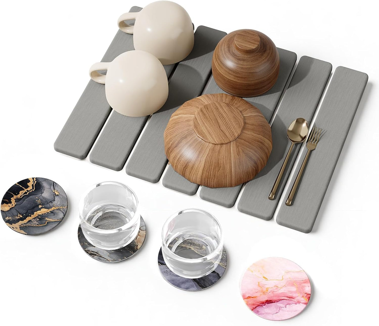 5 PCS 16" x 12" Stone Dish Drying Mat for Kitchen Counter, Quick Dry Stone Mat Diatomaceous Earth, Super Absorbent Drying rack for Dishes, Cups in Kitchen and Bathroom, Fits Any Countertop