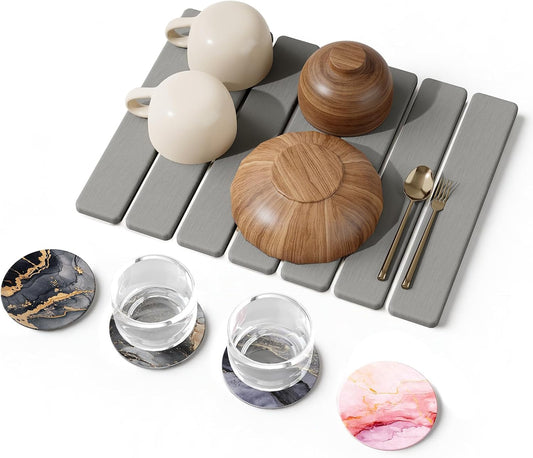 5 PCS 16" x 12" Stone Dish Drying Mat for Kitchen Counter, Quick Dry Stone Mat Diatomaceous Earth, Super Absorbent Drying rack for Dishes, Cups in Kitchen and Bathroom, Fits Any Countertop