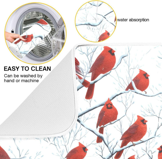 Red Birds on Branches Dish Drying Mat for Kitchen Counter Super Absorbent Dishes Pad Reversible Microfiber Protector Dish Draining Mats 16x18 inch